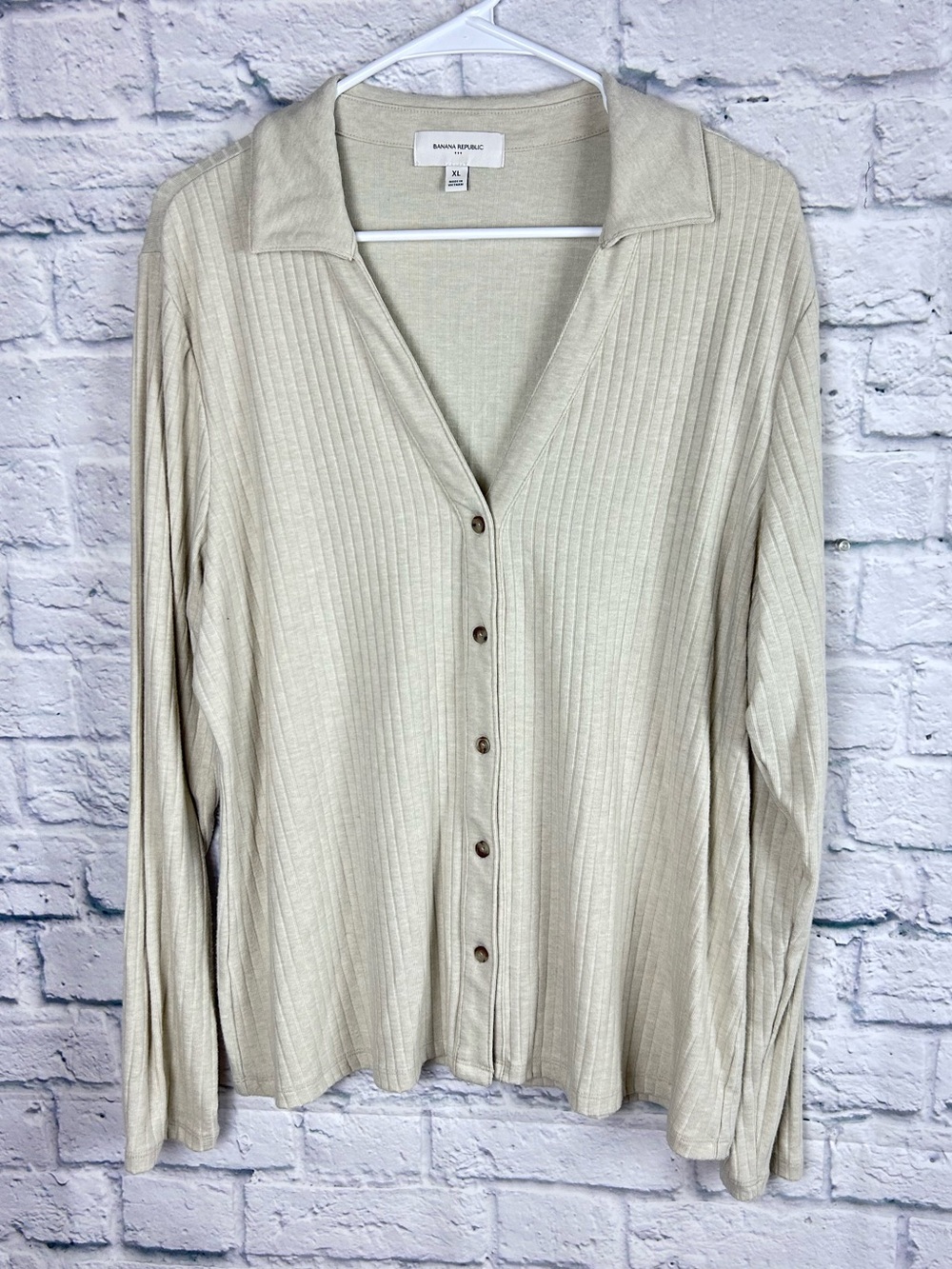 Banana Republic Ribbed Collared Button Front Top Oatmeal Heather XL Stretch